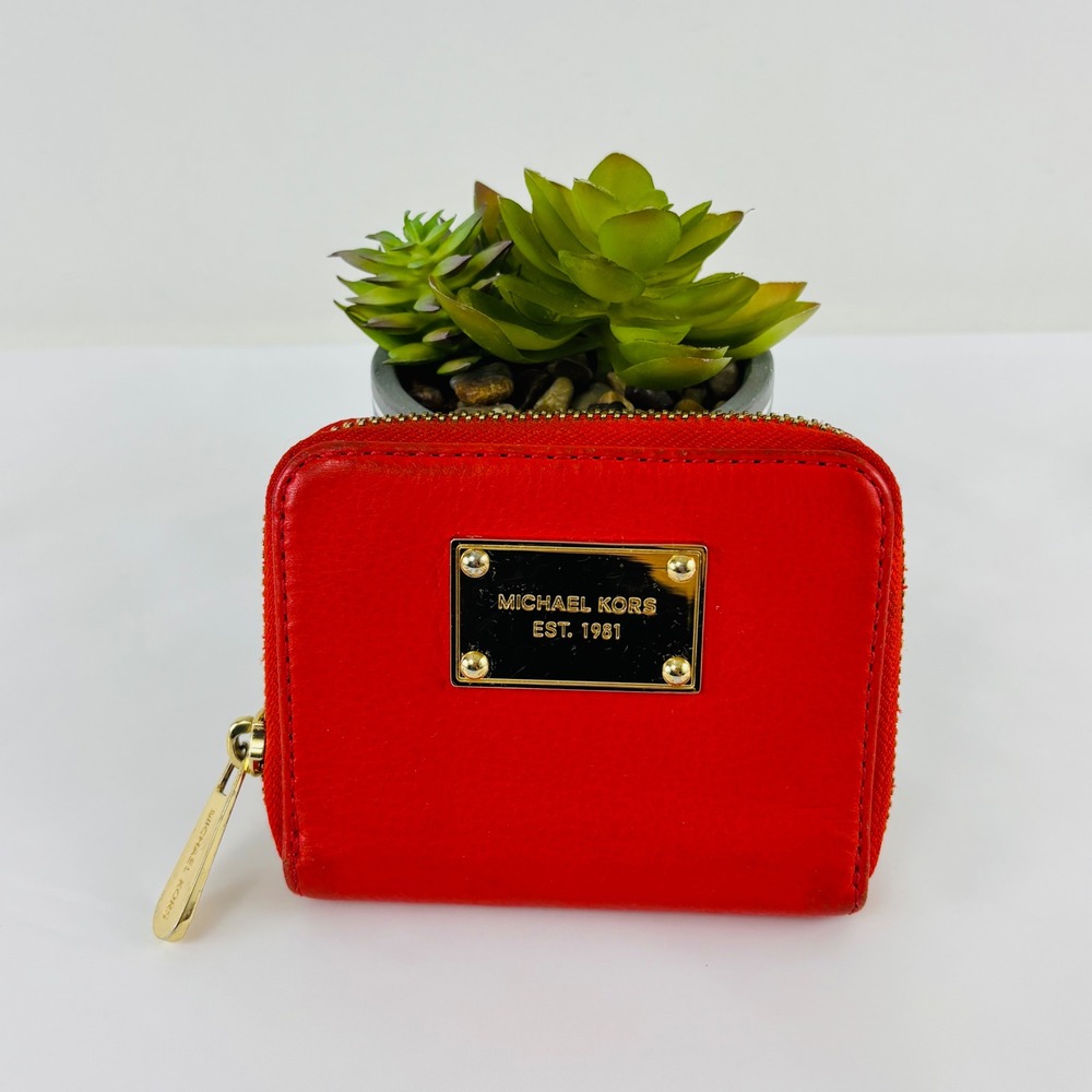 Michael Kors Bifold Zip Around Wallet Coin Pocket Orange Pebble Leather